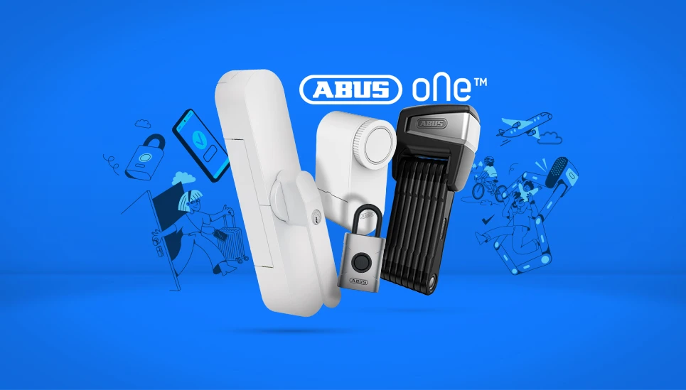 Illustrationen und Produkte (WINTECTO, LOXERIS, EVEROX, BORDO One) vor blauem Hintergrund © ABUS