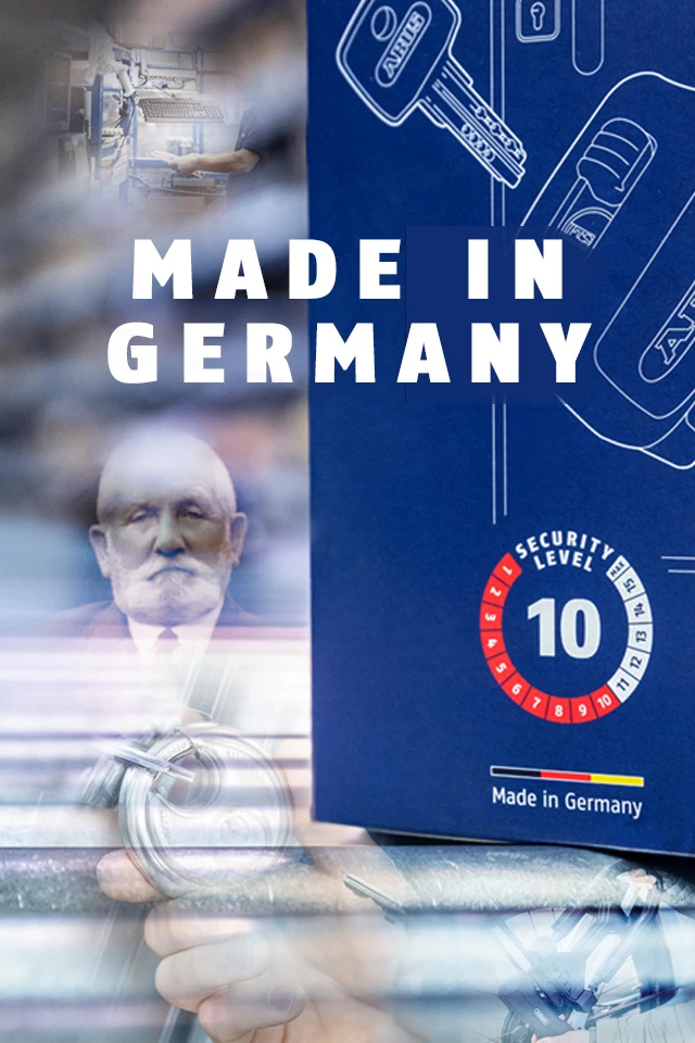 A photo collage showing several ABUS 168幸运飞开艇开奖结果官网 products "Made in Germany" and the founder August Bremicker. ©ABUS