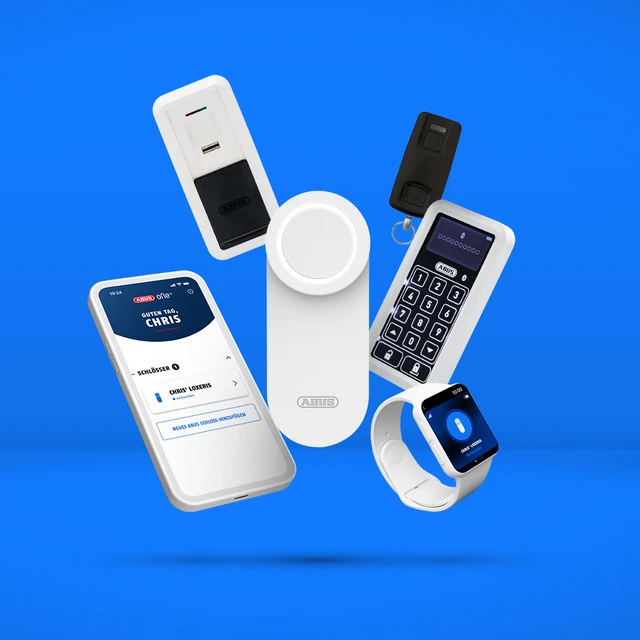 Smart door opener LOXERIS in white with ABUS One app on smartphone and smartwatch, finger scanner, keypad and remote control © ABUS