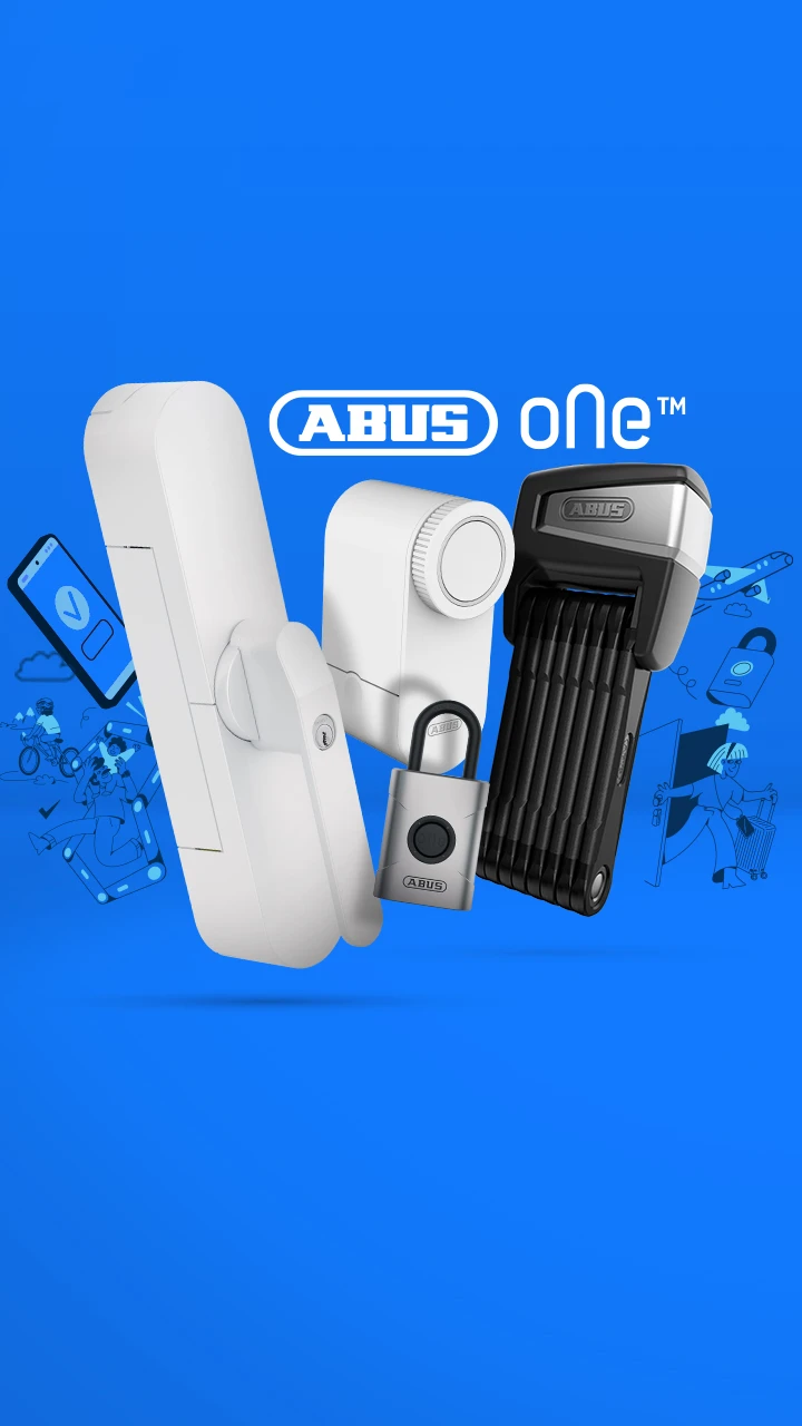 Illustrations and products (WINTECTO, LOXERIS, EVEROX, BORDO One) against a blue background © ABUS